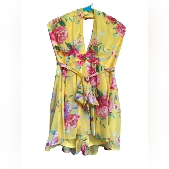 Papaya Floral Crisscross Front Peekaboo Halter Romper - Picture 1 of 11